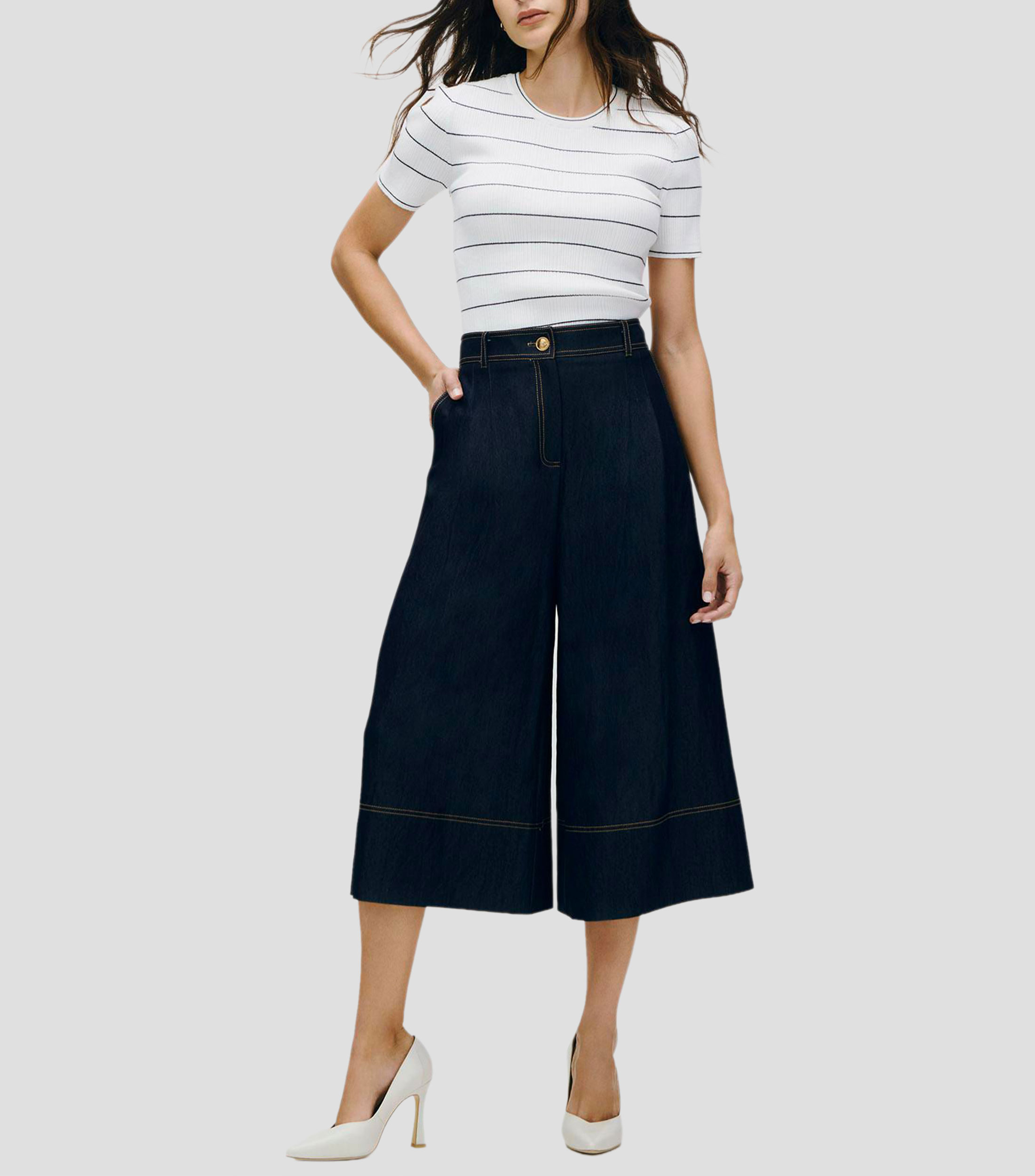 Pantalón culotte sarga ligera tipo denim tiro alto con pinzas Mujer